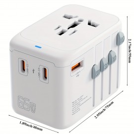Universal Travel Adapter, 65W GaN III Travel Plug Adapter With UK,EU,AU,US Plugs, 3USB-C PD & 1USB-A QC Worldwide International Adapter Charger, International Converter For Laptops Tablets Phones