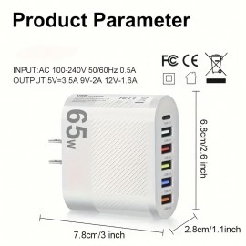 65W Fast Charging For All Phones: Quick Charge With Multi-Port PD+5USB Adapter