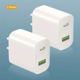 2pcs White Fast Charger For IPhone 20w Power Adapter Wall USB Type C Port Fast Plug Fast Charging With Data Cable Suitable For IPhone Tablet Mobile Phone And Other PD20W Fast Charging Head