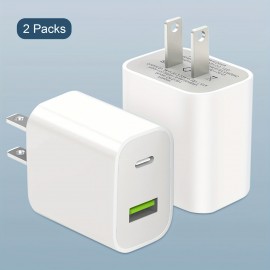 2pcs White Fast Charger For IPhone 20w Power Adapter Wall USB Type C Port Fast Plug Fast Charging With Data Cable Suitable For IPhone Tablet Mobile Phone And Other PD20W Fast Charging Head