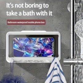 1pc Rotating Waterproof Mobile Phone Box, Punch-free Wall Mounted Touch Screen Bracket, Bathroom Shower Phone Holder, Plastic Mobile Phone Storage Box, Bathroom Accessories