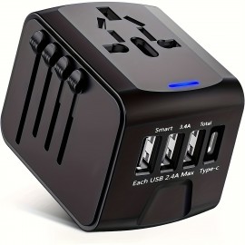 Travel Adapter Worldwide, Travel Plug Adapter Worldwide With Type C 3 USB Ports And AC Socket, Universal Travel Plug Adapter For Travel, USA, UK, Italy, Australia, Canada, Germany, Black