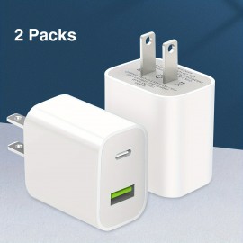 2pcs White Fast Charger For IPhone 20w Power Adapter Wall USB Type C Port Fast Plug Fast Charging With Data Cable Suitable For IPhone Tablet Mobile Phone And Other PD20W Fast Charging Head