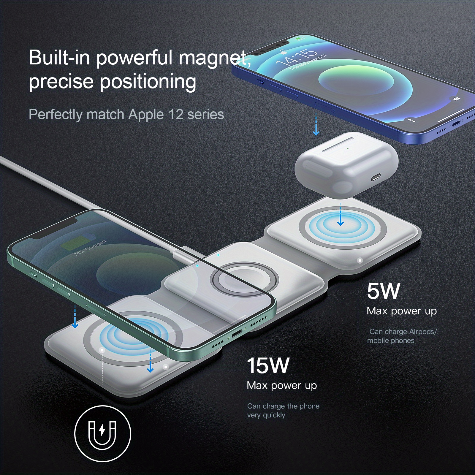 3 in 1 wireless charger for iphone magnetic foldable 3 in 1 charging station travel charger for multple devices for iphone 14 13 12 series airpods 3 2 pro iwatch adapter included details 4