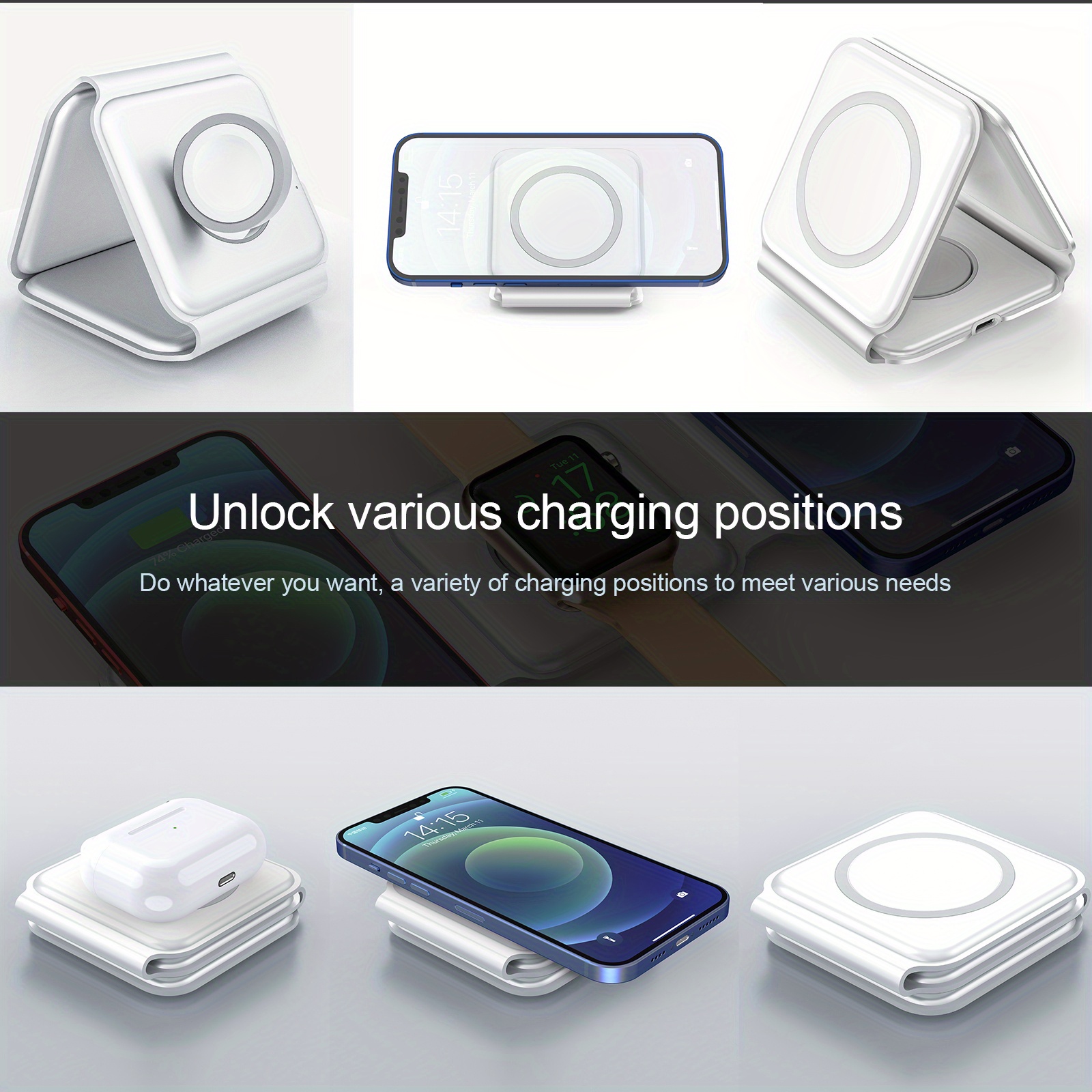 3 in 1 wireless charger for iphone magnetic foldable 3 in 1 charging station travel charger for multple devices for iphone 14 13 12 series airpods 3 2 pro iwatch adapter included details 7