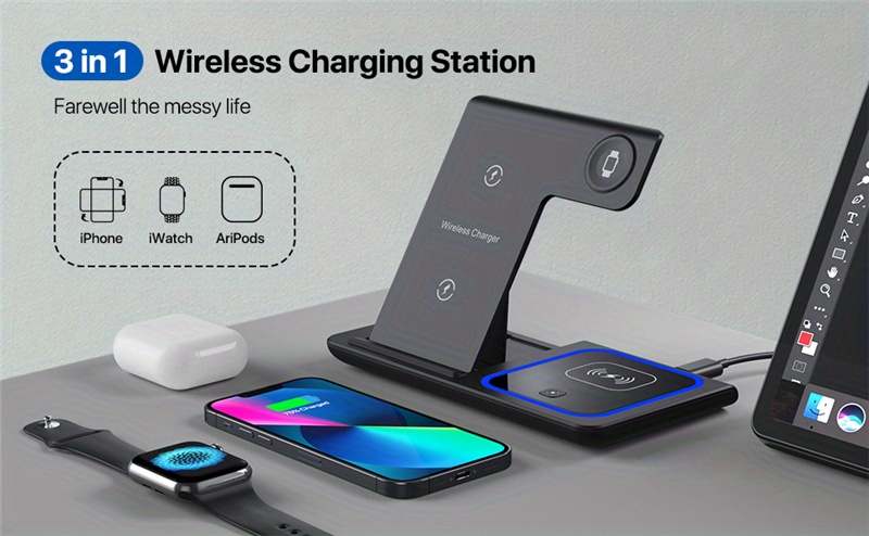 3 in 1 wireless charger stand pad for iphone 14 13 12 11 x iwatch 8 7 airpods foldable 15w phone fast charging dock station details 0