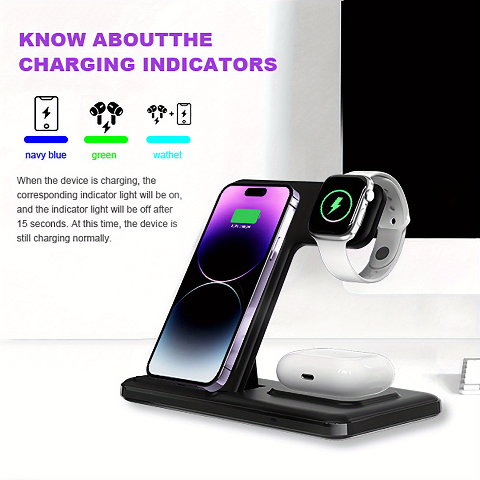 3 in 1 wireless charging station for iwatch ultra 9 8 7 6 5 4 3 2 se airpods pro 3 pro2 multiple devices folding wireless charger stand for iphone 15 14 13 11 and earlier series details 1