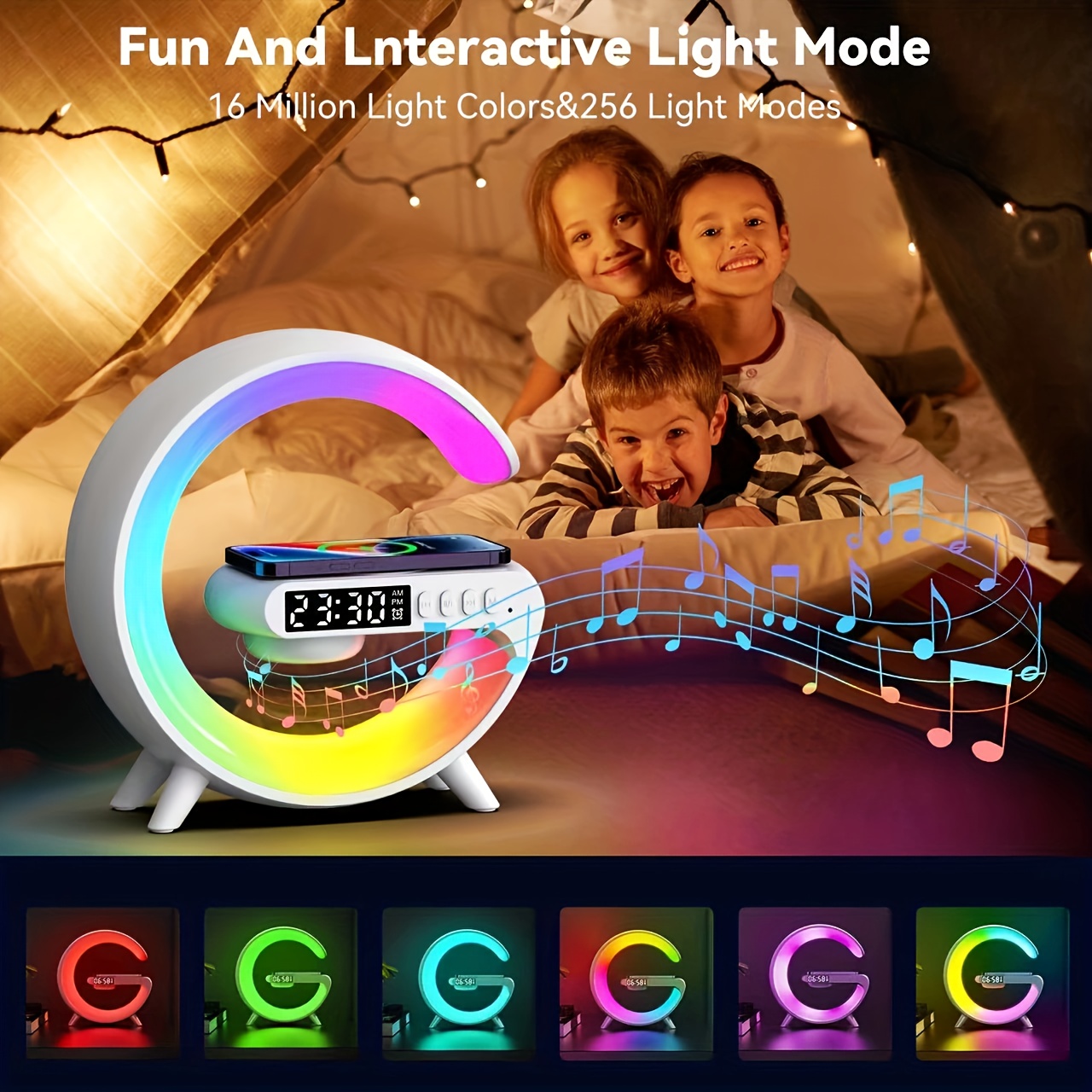 1pc smart big g colorful speaker atmosphere light audio clock alarm wireless mobile phone charger night light desktop decoration creative night light speaker desktop small alarm four in one multi function usb charging night light details 2