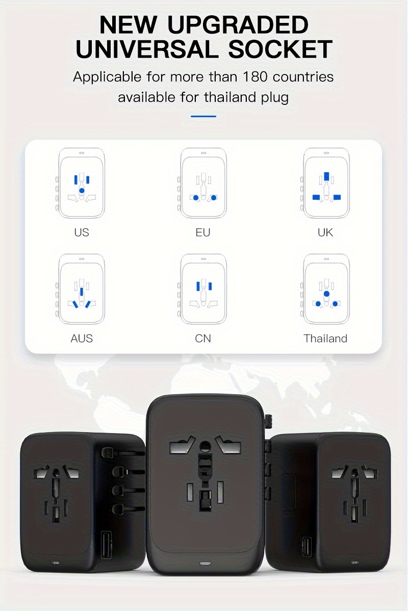 universal travel adapter 65w gan iii travel plug adapter with uk eu au us plugs 3usb c pd 1usb a qc worldwide international adapter charger international converter for laptops tablets phones details 6